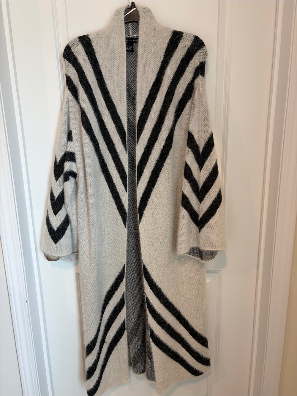 Joan Vass Black & Cream Chevron Open Cardigan